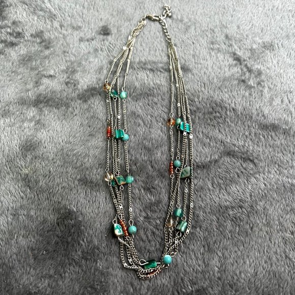 Layered Necklace Silver Tone Chain Turquoise Color Beads 20 inch - Picture 6 of 6